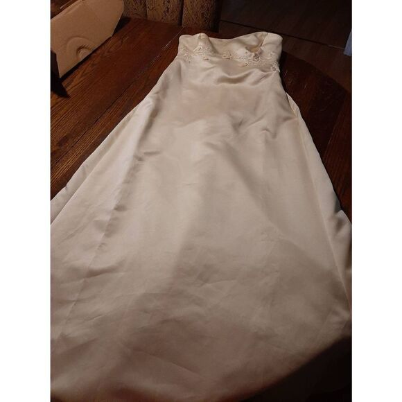 14 Davids Bridal Cream Strapless Bridal Wedding Formal Dress Train Floral Sequin - Picture 1 of 14